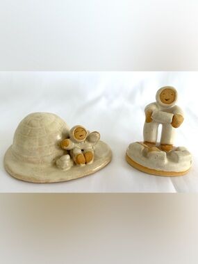 Vtg Betti Bouman Set Of 2 Handmade Signed Eskimos 1985 Clay Pottery EUC